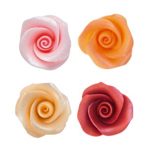 ROSAS COMESTÍVEIS AÇÚCAR 4 CORES PEROLADOS LARANJA, NUDE, FUCSIA E ROSA 4CM