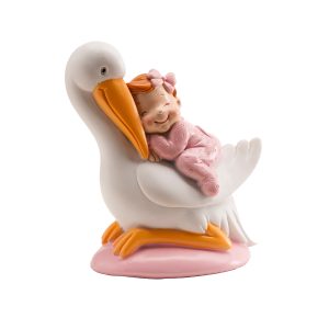 FIGURA PARA BOLO DE BAPTIZADO CEGONHA DORMINDO ROSA 10CM